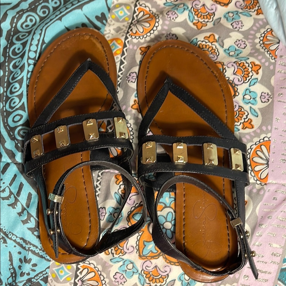 Jessica Simpson Black and Gold Women's Sandals